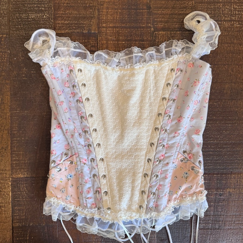 Danielle Guizio White Eyelet & Pastel Pink Floral Lace-Up Corset Top